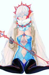 Rule 34 | 1girl, black gloves, black thighhighs, blue eyes, breasts, cleavage, commentary, crown, gloves, holding, holding weapon, labombardier!, large breasts, long hair, navel, original, pointy ears, revision, silver hair, simple background, sitting, solo, thighhighs, very long hair, wariza, weapon, white background, yellow eyes