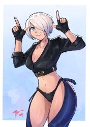 Rule 34 | 1girl, absurdres, angel (kof), backless pants, blue eyes, bra, breasts, chaps, cleavage, corviwing, crop top, cropped jacket, fingerless gloves, gloves, hair over one eye, highres, horns pose, index fingers raised, jacket, large breasts, leather, leather jacket, looking at viewer, midriff, navel, panties, pants, short hair, smile, snk, solo, strapless, strapless bra, the king of fighters, the king of fighters xiv, toned, underwear, white hair