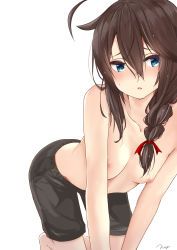 Rule 34 | 1girl, absurdres, ahoge, all fours, black male swimwear, black swim trunks, blue eyes, blush, braid, breasts, brown hair, collarbone, commentary request, crossdressing, female focus, hair between eyes, hair over shoulder, hair ribbon, highres, kantai collection, male swimwear, male swimwear challenge, nagi (shunsuke-manage), nipples, parted lips, red ribbon, ribbon, shigure (kancolle), signature, simple background, single braid, small breasts, solo, swim trunks, swimsuit, topless, umbrella, white background