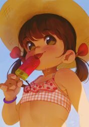 1girl alkemanubis bikini blush bow brown_hair checkered_bikini checkered_clothes closed_mouth commentary english_commentary flat_chest food hair_bow hat heart heart_in_eye highres holding holding_food holding_popsicle looking_at_viewer orange_bikini original popsicle red_bow solo sun_hat swimsuit symbol_in_eye tongue tongue_out twintails upper_body