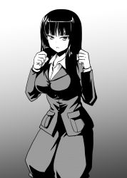 Rule 34 | 1girl, blunt bangs, check commentary, clenched hand, clenched hands, commentary request, dress shirt, fighting stance, formal, girls und panzer, gradient background, greyscale, halftone, highres, jacket, kamishima kanon, long hair, long sleeves, looking at viewer, mature female, monochrome, nishizumi shiho, pant suit, pants, parted lips, shirt, solo, standing, straight hair, suit, wing collar