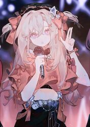 Rule 34 | 1girl, absurdres, belt, black hat, black pants, blonde hair, chinese commentary, commentary request, cowboy shot, crop top, hat, hat ribbon, highres, holding, holding microphone, long hair, mengtunshaojing, microphone, open mouth, original, pants, pink eyes, pink ribbon, pink shirt, ribbon, shirt, short sleeves, signature, solo, star (symbol), two side up, white belt
