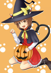 Rule 34 | 1girl, animal ears, bitan, boots, brown eyes, brown hair, cat ears, cat girl, cat tail, chen, earrings, ears through headwear, fang, female focus, halloween, hat, heart, heart tail, highres, jack-o&#039;-lantern, jewelry, multiple tails, open mouth, paw pose, pumpkin, short hair, single earring, smile, solo, tail, touhou, wings, witch hat