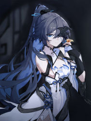 Rule 34 | 1girl, bad id, bad lofter id, bare shoulders, black background, black gloves, black hair, blue eyes, china dress, chinese clothes, closed mouth, detached sleeves, dress, fu hua, gloves, hair between eyes, highres, honkai (series), honkai impact 3rd, long hair, looking at viewer, one eye covered, partially fingerless gloves, ponytail, qqqne, solo, white dress, white sleeves