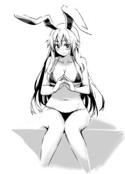 Rule 34 | 1girl, animal ears, bad id, bad twitter id, bikini, blush, breasts, cleavage, collarbone, cropped legs, fingers together, greyscale, knees together feet apart, large breasts, lefthand, long hair, looking at viewer, monochrome, navel, rabbit ears, reisen udongein inaba, simple background, sitting, solo, sweatdrop, swimsuit, touhou, white background