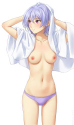 Rule 34 | 1girl, arms up, blush, breasts, cdrying, chaos;head, character request, closed mouth, collarbone, cowboy shot, drying, drying hair, highres, kishimoto ayase, looking away, looking to the side, medium breasts, miura-n315, navel, nipples, panties, pixiv username, purple eyes, purple hair, purple panties, short hair, simple background, solo, stomach, topless, towel, underwear, underwear only, white background