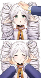 1boy 1girl blush closed_eyes closed_mouth drill_hair elf frieren hair_between_eyes hand_on_another&#039;s_chin headpat himmel_(sousou_no_frieren) long_sleeves pointy_ears question_mark shirt sousou_no_frieren stroking_another&#039;s_chin twintails white_background white_hair white_shirt