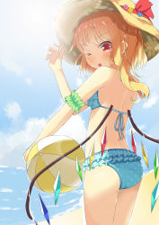 Rule 34 | 1girl, alternate costume, arm strap, ass, ball, beach, beachball, bikini, bikini skirt, blonde hair, blue bikini, cloud, cloudy sky, crystal, day, flandre scarlet, flat ass, frilled bikini, frills, from behind, hair between eyes, hat, hat ribbon, highres, light particles, looking at viewer, one eye closed, outdoors, red eyes, ribbon, side ponytail, sky, solo, sun hat, swimsuit, thighs, touhou, wet, wet clothes, wet swimsuit, wings, yuimari