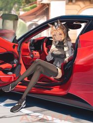 Rule 34 | 1girl, animal ears, arknights, armor, artist name, asama (drift in), black footwear, black hat, black ribbon, black sweater, black thighhighs, blonde hair, blue eyes, blurry, blurry background, breastplate, breasts, car, car interior, closed mouth, commentary, crossed legs, day, ferrari, full body, garrison cap, hair ribbon, hand on own chest, hat, highres, horse ears, jacket, looking at viewer, medium breasts, medium hair, motor vehicle, open door, outdoors, parted bangs, pavement, ribbon, shoes, sitting, smile, solo, strap, sweater, thighhighs, turtleneck, whislash (arknights), white jacket