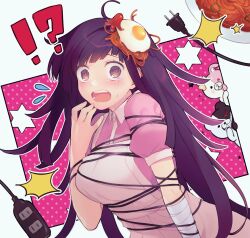 Rule 34 | !?, 1girl, @ @, ^^^, apron, arm at side, bandaged arm, bandages, black hair, blunt bangs, blunt ends, blush, breasts, brown eyes, cable, commentary, danganronpa (series), danganronpa 2: goodbye despair, eyelashes, fingernails, flying sweatdrops, food, food on head, fried egg, grin, hand up, highres, large breasts, long hair, looking at viewer, mole, mole under eye, monokuma, monomi (danganronpa), nurse, object on head, okazaki milte, open mouth, panicking, pasta, peeking out, pink background, pink shirt, polka dot, polka dot background, puffy short sleeves, puffy sleeves, shirt, short sleeves, simple background, smile, solo, spaghetti, star (symbol), sweatdrop, teeth, tsumiki mikan, two-tone background, upper body, very long hair, white apron, white background, wide-eyed