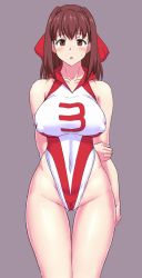 Rule 34 | 1girl, adapted costume, bow, breasts, brown eyes, brown hair, cameltoe, covered erect nipples, cowboy shot, girls und panzer, grey background, headband, highleg, highleg leotard, highres, kondou taeko, large breasts, leotard, looking at viewer, medium hair, muchabou, red bow, simple background, solo, standing, thigh gap