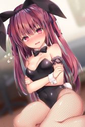 Rule 34 | 1girl, animal ears, arm garter, bare shoulders, black bow, black bowtie, black leotard, blurry, blurry background, blush, bow, bowtie, breasts, cleavage, collarbone, commentary request, crossed arms, depth of field, detached collar, fake animal ears, fishnet pantyhose, fishnets, flying sweatdrops, groin, hair ribbon, hairband, highres, leotard, long hair, looking at viewer, medium breasts, navy (navy.blue), original, pantyhose, parted lips, playboy bunny, purple hair, purple ribbon, rabbit ears, rabbit tail, red eyes, ribbon, sidelocks, sitting, solo, strapless, strapless leotard, tail, thighs, wariza, wrist cuffs