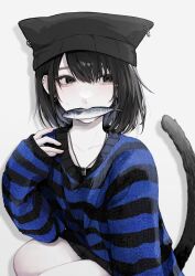 Rule 34 | 1girl, aegyo sal, animal hat, black eyes, blush, cat hat, cat tail, ear piercing, earrings, fish, fish in mouth, freckles, hat, highres, jewelry, lock necklace, long sleeves, looking to the side, mouth hold, necklace, original, oyun tya, pierced hat, piercing, safety pin, sleeves past wrists, solo, squatting, striped clothes, striped sweater, sweat, sweater, tail
