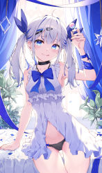 Rule 34 | 1girl, :3, :q, ahoge, arm up, armpits, bare shoulders, black choker, black panties, blue eyes, blue theme, bow, bowtie, breasts, candy, center opening, choker, closed mouth, cowboy shot, dress, food, frilled dress, frills, hair ornament, hair ribbon, hairclip, holding, keis (locrian1357), lollipop, long hair, looking at viewer, multicolored hair, navel, original, panties, petals, revealing clothes, ribbon, short dress, sidelocks, sleeveless, sleeveless dress, small breasts, smile, solo, standing, stomach, streaked hair, thigh gap, thighs, tongue, tongue out, twintails, underwear, white dress, white hair, wrist ribbon