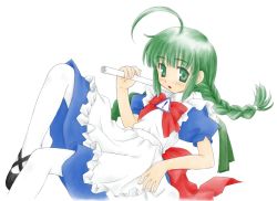 Rule 34 | 1girl, ahoge, apron, bow, braid, female focus, frills, green eyes, green hair, long hair, maid, maid apron, matching hair/eyes, me-tan, os-tan, pantyhose, puffy sleeves, ribbon, shoes, simple background, solo, stick, thighhighs, twin braids, twintails, white background, white thighhighs