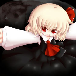 Rule 34 | 1girl, ascot, bad id, bad pixiv id, blonde hair, cocozasa, embodiment of scarlet devil, fang, female focus, hair ribbon, open mouth, outstretched arms, red eyes, ribbon, rumia, shirt, short hair, skirt, skirt set, smile, solo, touhou