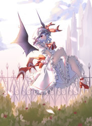 Rule 34 | 1girl, absurdres, ascot, bat wings, blue hair, bow, brooch, castle, cloud, collared shirt, commentary, crossed legs, eyebrows hidden by hair, fence, floating, flower, frilled shirt collar, frilled skirt, frills, full body, grass, hair between eyes, hat, hat bow, high heels, highres, jewelry, kuunang, looking at viewer, mob cap, no mouth, outdoors, puffy short sleeves, puffy sleeves, red ascot, red bow, red eyes, red flower, red footwear, remilia scarlet, shirt, short hair, short sleeves, skirt, skirt set, solo, touhou, waist bow, white hat, white shirt, white skirt, wings