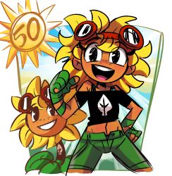 Rule 34 | 1girl, :d, absurdres, bare shoulders, black shirt, blonde hair, creature and personification, cropped legs, dark-skinned female, dark skin, eyewear on head, flower, green shorts, hand wraps, highres, midriff, navel, off shoulder, open mouth, peargor, personification, plants vs zombies, plants vs zombies heroes, pointing, pointing at self, shirt, shorts, smile, solo, sunflower, sunflower (plants vs zombies), sunflower (plants vs zombies) (peargor), tomboy