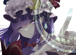 Rule 34 | 1girl, blue bow, blue ribbon, book, bow, commentary, crescent, crescent hat ornament, glowing, glowing eyes, hair bow, hat, hat ornament, hat ribbon, highres, long hair, looking at viewer, magic circle, mob cap, open book, parted lips, patchouli knowledge, pointing, purple eyes, purple hair, red bow, red ribbon, ribbon, seo ao, signature, simple background, solo, touhou, upper body, watermark, white background