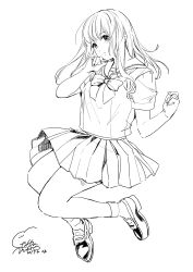 Rule 34 | 1girl, absurdres, bow, bowtie, closed mouth, dated, fingernails, full body, geshumaro, greyscale, hands up, highres, long hair, looking at viewer, miniskirt, monochrome, original, pleated skirt, school uniform, serafuku, shoes, short sleeves, signature, simple background, skirt, solo, white background