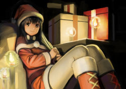 Rule 34 | 1girl, black eyes, black hair, boots, candle, candlelight, commentary request, feet out of frame, gift, hat, leaning back, looking at viewer, original, pantyhose, puffy sleeves, sack, santa boots, santa costume, santa hat, sitting, smile, solo, wasabi60, white pantyhose
