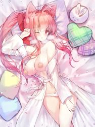 Rule 34 | 1girl, ;o, absurdres, ahoge, animal ear fluff, animal ears, areola slip, arm up, bandaid, bandaids on nipples, bathrobe, bed sheet, blush, bow, bow panties, breasts, cat ears, commentary request, fingernails, hair between eyes, hair intakes, heavy breathing, high ponytail, highres, large breasts, long hair, long sleeves, lying, on back, one eye closed, open clothes, original, panties, parted lips, pasties, petals, pillow, pink hair, ponytail, rabbit, red eyes, sidelocks, solo, sweat, tandohark, tears, underwear, very long hair, white panties, wide sleeves