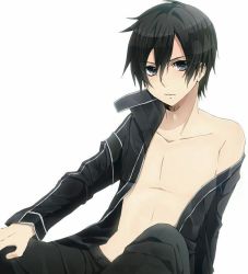 Rule 34 | 1boy, bad id, bad pixiv id, black eyes, black hair, black pants, coat, collarbone, hand on own thigh, keita (tundereyuina), kirito, male focus, no nipples, off shoulder, open clothes, pants, parted lips, simple background, solo, sword art online, topless male, white background