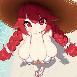 Rule 34 | 1girl, absurdres, animal ears, beach, bikini, blush, borrowed character, braid, breasts, bursting breasts, closed mouth, collarbone, covered erect nipples, cromachina, deep skin, eyebrows hidden by hair, from above, goat-chan (enarane), goat ears, goat girl, hat, highres, huge breasts, looking at viewer, nail polish, ocean, oppai loli, original, pout, red eyes, red hair, sandals, scrunchie, shiny skin, sidelocks, skindentation, solo, standing, straw hat, swimsuit, twin braids, twintails