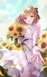 Rule 34 | 1girl, :d, absurdres, black bow, blonde hair, blue sky, blurry, blurry background, blush, bow, braid, brown eyes, cloud, collared dress, dress, flower, frilled dress, frills, hair bow, highres, holding, holding flower, kappe reeka, looking at viewer, open mouth, original, outdoors, outstretched arm, plant, short hair, short sleeves, sky, smile, standing, sunflower, watch, white dress, yellow flower
