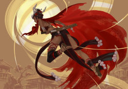 Rule 34 | 1girl, architecture, bare back, black hair, cape, dagger, east asian architecture, flower, full body, hair ornament, holding, holding sword, holding weapon, knife, miniskirt, mugon, original, outdoors, pelvic curtain, sheath, skirt, solo, sword, thigh strap, torn cape, torn clothes, unsheathing, weapon