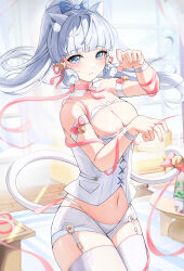 Rule 34 | 1girl, absurdres, animal ears, ayaka (genshin impact), bell, blue eyes, blunt bangs, blurry, blurry background, bow, breasts, carpet, cat ears, cat tail, cleavage, corset, depth of field, floating hair, genshin impact, hair bow, high ponytail, highres, jingle bell, medium breasts, mole, mole under eye, navel, panties, parted lips, pink ribbon, plant, potted plant, ribbon, solo, table, tail, tail bow, tail ornament, thighhighs, underwear, white corset, white hair, white thighhighs, yeni1871