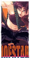 Rule 34 | 1boy, abs, absurdres, aged down, bare shoulders, brown hair, character name, english text, fingerless gloves, fujisee, gloves, green eyes, head rest, highres, jojo no kimyou na bouken, joseph joestar, joseph joestar (young), leather, looking at viewer, male focus, midriff, muscular, scarf, sleeveless, smile, solo, striped clothes, striped scarf, thighs, tight clothes, topless male