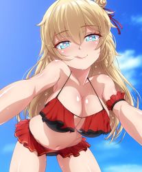 1girl :q akai_haato akai_haato_(hololive_summer_2019) bare_shoulders bikini blonde_hair blue_eyes blue_sky breasts cleavage commentary hair_between_eyes hair_bun hair_ribbon heart heart-shaped_pupils highres hololive large_breasts licking_lips long_hair looking_at_viewer navel p-nekoe red_bikini red_ribbon ribbon side_bun single_side_bun sky smile solo sweat swimsuit symbol-shaped_pupils tongue tongue_out virtual_youtuber