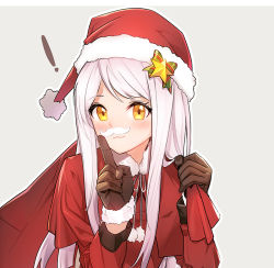 Rule 34 | !, 1girl, :3, blush, bobblehat, brown gloves, carrying over shoulder, closed mouth, dress, eve santaclaus, fake facial hair, fake mustache, finger to mouth, fpanda, fur-trimmed gloves, fur-trimmed headwear, fur trim, gloves, grey background, hat, idolmaster, idolmaster cinderella girls, index finger raised, long hair, long sleeves, looking at viewer, over shoulder, pink hair, pom pom (clothes), red dress, red hat, sack, santa costume, santa hat, shushing, simple background, solo, swept bangs, upper body, yellow eyes