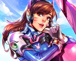 Rule 34 | 1girl, blue bodysuit, bodysuit, brown eyes, brown hair, clenched hand, cloud, commentary, d.va (overwatch), english commentary, gloves, headphones, leaning, lina rojas, looking at viewer, open mouth, overwatch, overwatch 1, pilot suit, ribbed bodysuit, sky, solo, white gloves