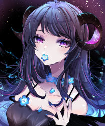Rule 34 | 1girl, bad id, bad pixiv id, black background, black dress, black hair, black horns, black jacket, blue flower, blue jacket, blue nails, breasts, chigiri kurenai, cleavage, collarbone, commentary request, crying, curled horns, dress, flower, flower necklace, flower on mouth, flower over mouth, gradient background, highres, horns, jacket, jewelry, long hair, looking at viewer, medium breasts, nail polish, necklace, off-shoulder jacket, off shoulder, original, purple eyes, solo, tears