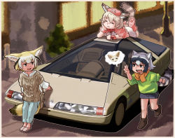 Rule 34 | 3girls, alternate costume, animal ears, black hair, blonde hair, brown hair, capelet, car, casual, citroen, citroen karin, closed eyes, common raccoon (kemono friends), contemporary, cuffs, dress, elbow rest, extra ears, fangs, fennec (kemono friends), fox ears, fox girl, fox tail, full body, grey hair, hair between eyes, hand on own cheek, hand on own face, hat, head rest, highres, kemono friends, layered sleeves, leaning back, leaning on object, long sleeves, looking at another, lying, medium hair, miniskirt, motor vehicle, multicolored hair, multiple girls, on stomach, open mouth, outdoors, pants, paw shoes, raccoon ears, raccoon girl, raccoon tail, scarf, shirt, shoes, short over long sleeves, short sleeves, skirt, smile, standing, sweat, sweater, tail, toriny, undershirt, vehicle focus, walking, white hair, white serval (kemono friends)