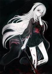 Rule 34 | 1girl, blood, blood on clothes, chain, detached sleeves, full body, headphones, knife, long hair, lowres, midriff, non-web source, red eyes, skirt, solo, sukone tei, thighhighs, utau, very long hair, white hair, zettai ryouiki