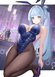 Rule 34 | 1girl, absurdres, alternate costume, animal ears, ayaka (genshin impact), bare arms, bare shoulders, blue eyes, blue footwear, blue hair, blue leotard, blunt bangs, blurry, blurry background, blush, bottle, breasts, brown pantyhose, cleavage, closed mouth, commentary request, congqian you ke xing, covered navel, crazy straw, drinking straw, fake animal ears, flower knot, genshin impact, glass, hair ornament, hair ribbon, high heels, highleg, highleg leotard, highres, large breasts, leg up, leotard, letterboxed, long hair, looking at viewer, mole, mole under eye, paid reward available, pantyhose, playboy bunny, ponytail, rabbit ears, red ribbon, removing shoes, ribbon, sidelocks, solo, spill, standing, standing on one leg, strapless, strapless leotard, tress ribbon, twitter username, white hair