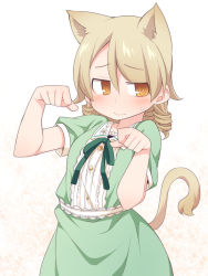 Rule 34 | 1girl, @ @, animal ears, bad id, bad pixiv id, blush, brown eyes, cat ears, cat girl, cat tail, closed mouth, commentary request, dress, green dress, hair between eyes, hands up, idolmaster, idolmaster cinderella girls, kemonomimi mode, light brown hair, morikubo nono, paw pose, puffy short sleeves, puffy sleeves, short sleeves, solo, sweat, tail, uccow