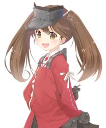 Rule 34 | 10s, 1girl, :d, blush, brown eyes, brown hair, dress shirt, fang, from side, hand on own hip, highres, japanese clothes, kagerou (shadowmage), kantai collection, kariginu, long hair, machinery, magatama, open mouth, ryuujou (kancolle), shirt, simple background, skirt, smile, solo, twintails, visor cap, white background