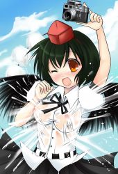 Rule 34 | 1girl, black wings, blush, breasts, camera, female focus, hat, large breasts, looking at viewer, nipples, no bra, open mouth, see-through, shameimaru aya, shirt, solo, takamoto akisa, touhou, water, wet, wet clothes, wet shirt, wings