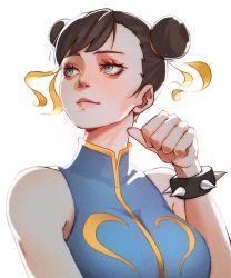 Rule 34 | 1girl, alternate costume, bare shoulders, bracelet, brown hair, capcom, chun-li, closed mouth, double bun, hair bun, highres, jewelry, looking away, looking to the side, short hair, simple background, solo, spiked bracelet, spikes, street fighter, upper body, white background, whysoblau