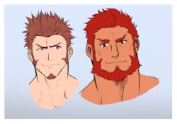 Rule 34 | 2boys, beard, blue background, blue eyes, brown hair, close-up, facial hair, fate/grand order, fate (series), flat color, iskandar (fate), loboke, long sideburns, looking at viewer, male focus, multiple boys, napoleon bonaparte (fate), portrait, raised eyebrow, raised eyebrows, red eyes, red hair, sideburns, simple background, sketch, smile, upper body