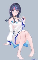 Rule 34 | 1girl, adents, bare shoulders, black hair, blue eyes, blue ribbon, blush, breasts, collarbone, dress, fate/grand order, fate/requiem, fate (series), feet, grey background, jewelry, knees up, legs, long sleeves, looking at viewer, magatama, magatama hair ornament, medium breasts, medium hair, multicolored hair, necklace, parted lips, pelvic curtain, pink hair, puffy long sleeves, puffy sleeves, ribbon, seigaiha, short dress, sideboob, sideless outfit, sitting, solo, streaked hair, thighs, utsumi erice, white dress