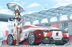 Rule 34 | 1girl, absurdres, alternate costume, animal ears, arknights, breasts, brown hair, car, cheogtanbyeong, dress, green eyes, high heels, highres, holding, holding umbrella, horse ears, horse girl, horse tail, kingdom of kazimierz logo, long hair, meteor (arknights), motor vehicle, one eye closed, outdoors, race queen, short dress, single thighhigh, smile, solo, standing, tail, teeth, thighhighs, umbrella, upper teeth only