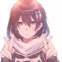 Rule 34 | 1girl, bad id, bad twitter id, black gloves, brown eyes, brown hair, closed mouth, double v, fingerless gloves, fingernails, gloves, hair between eyes, hair ornament, kantai collection, medium hair, rinto (rint rnt), sailor collar, scarf, sendai (kancolle), sendai kai ni (kancolle), simple background, solo, two side up, upper body, v, white background, white scarf