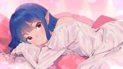 Rule 34 | :3, blue hair, character request, djheycha, highres, long hair, looking at viewer, lying, on bed, on stomach, original, pajamas, pointy ears, red eyes, solo