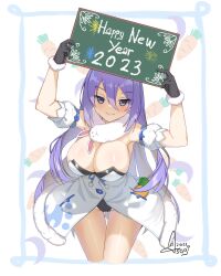 Rule 34 | arm garter, as4gi, bare shoulders, black gloves, breasts, carrot, chinese zodiac, cleavage, cosplay, crescent, don-chan (usada pekora), dress, fur-trimmed gloves, fur trim, gloves, gluteal fold, happy new year, holding, holding sign, hololive, hololive indonesia, large breasts, leotard, leotard under clothes, long hair, moona hoshinova, new year, purple eyes, purple hair, sign, smile, strapless, strapless dress, thighs, usada pekora, usada pekora (1st costume), usada pekora (cosplay), virtual youtuber, white dress, year of the rabbit