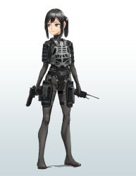 Rule 34 | 1girl, absurdres, armor, bad id, bad pixiv id, black eyes, black hair, bodysuit, commentary, cureeper, english commentary, full body, gun, handgun, highres, holding, holding gun, holding weapon, original, pistol, ponytail, solo, walkie-talkie, weapon, weapon request